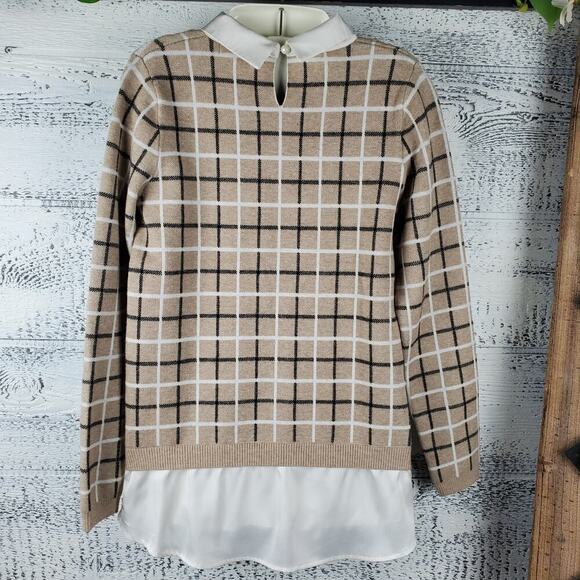 Tahari Women’s Long Sleeve Plaid Layered Tan Sweater Size Medium Preppy - Picture 5 of 10